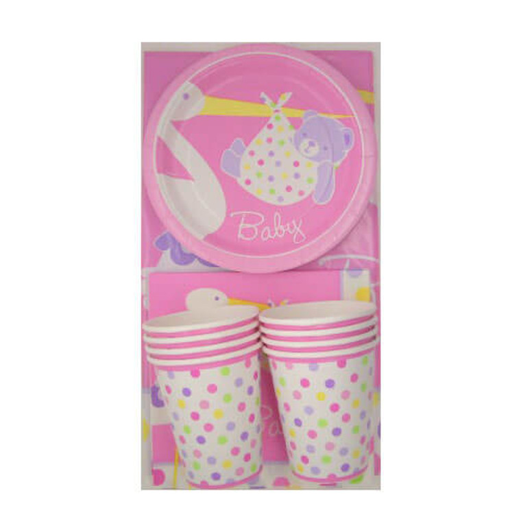 Baby Shower Pelican Stork Pink Dinner Party Pack For 8 People
