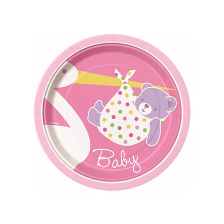 Baby Shower Pink Pelican Stork Dessert Plates 18cm - 8 Pack