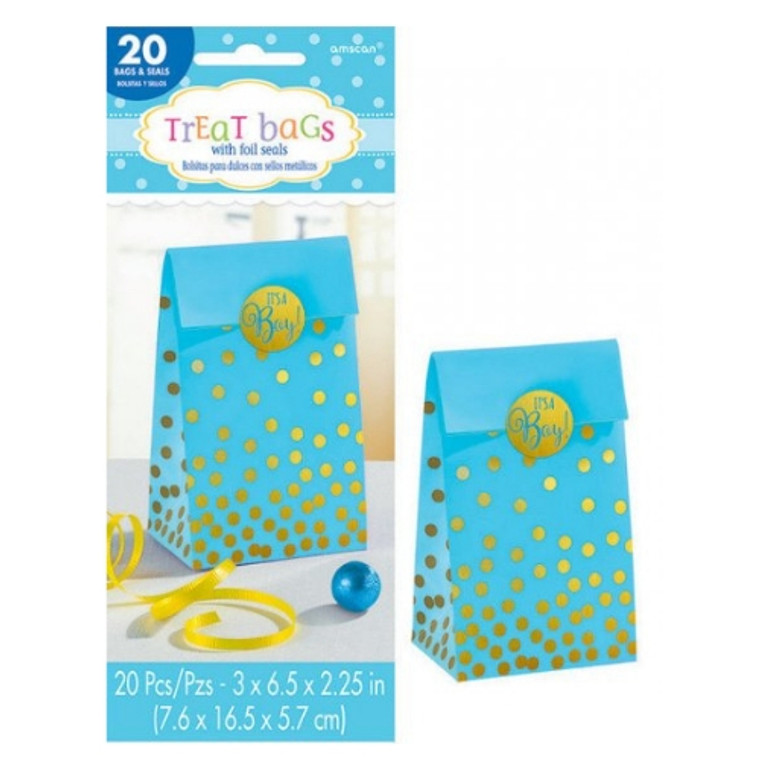 Blue Foil Stamped Paper Bags With Stickers 20Pk