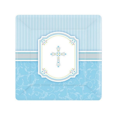 Communion Blue Blessings Paper Square Dessert Plates 8Pk