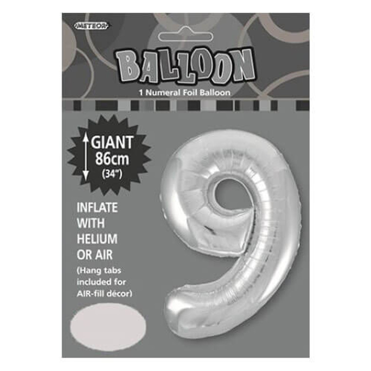 Silver Numeral Foil Balloon 86cm - 9