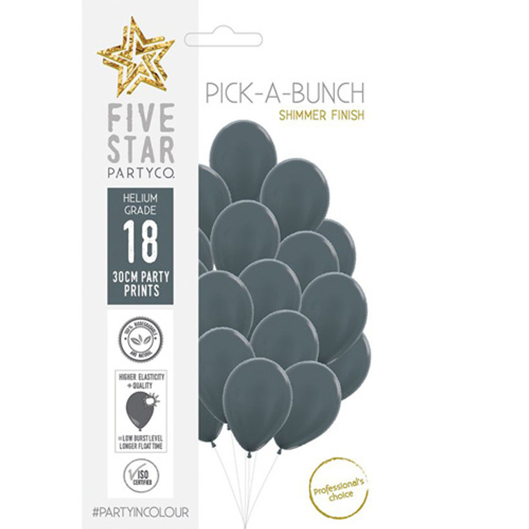 30cm Latex Balloon Shimmer Graphite 18pk