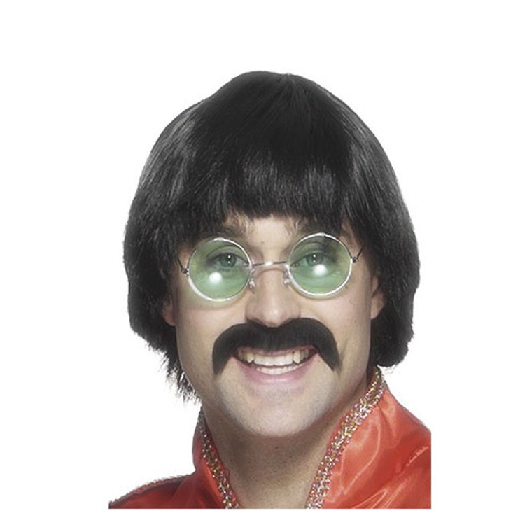 Mens Black 70's Mersey Wig & Tash