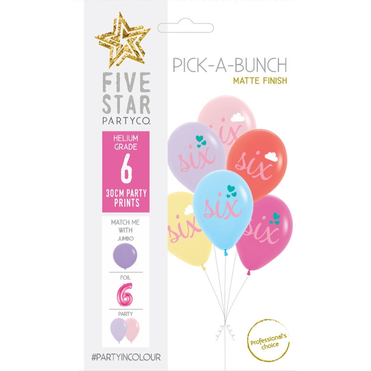 6th Birthday Latex Balloon Bunch - Cloud & Hearts Pk6