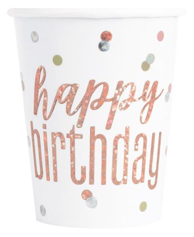 Rose Gold Glitz Happy Birthday Prismatic Paper Cups 8pk