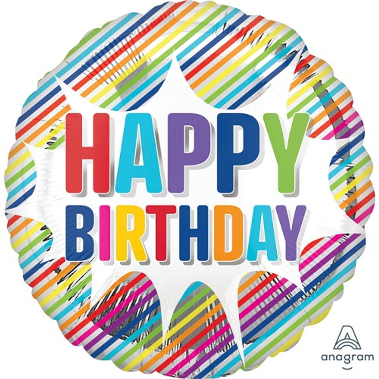 Happy Birthday Striped Burst Foil Balloon - 45cm