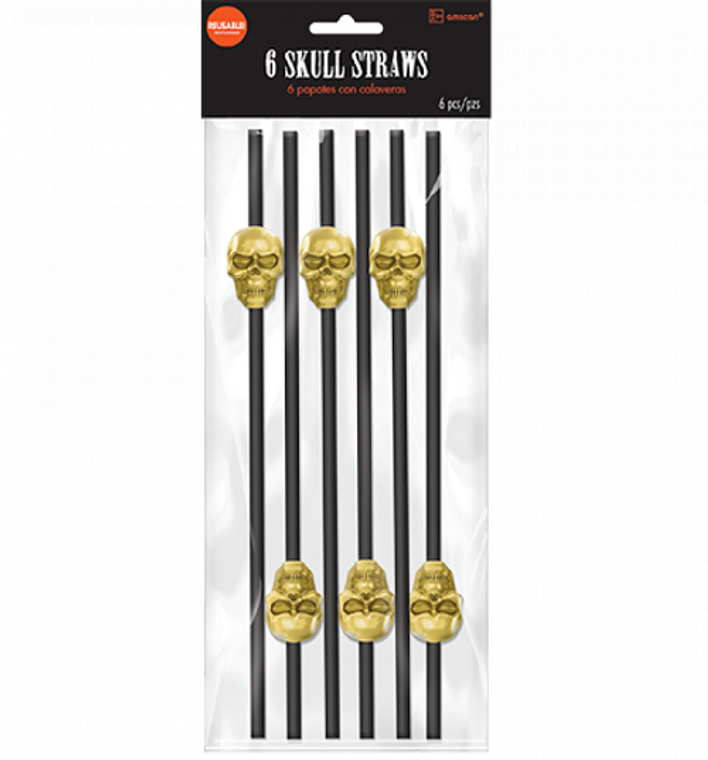 Black Reuseable Straws With Skull 6pk