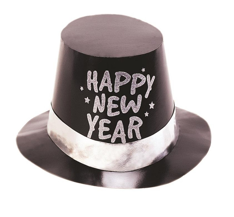 NEW YEAR'S PLASTIC BLACK GLITTER TOP HAT