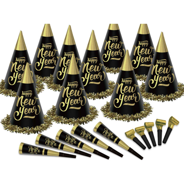 Happy New Year Party Kit Black & Gold 100 People