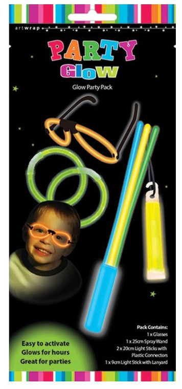 Glow Party Accessory Pack Contains:

1 x Glasses

1 x 25cm Spray Wand

2 x  Bracelets

1 x 9cm Light Stick with Lanyard