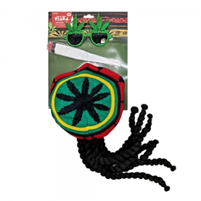 REGGAE SET, HAT, JOINT, GLITTER WEED GLASSES ON COLOUR CARD