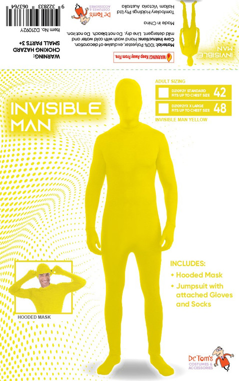 INVISIBLE MAN COSTUME - YELLOW STANDARD SIZE