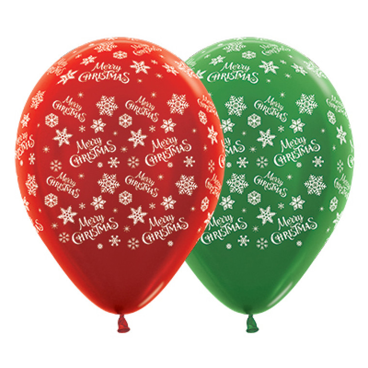 SEMPERTEX 30CM MERRY CHRISTMAS SNOWFLAKES METALLIC RED & GREEN LATEX BALLOONS