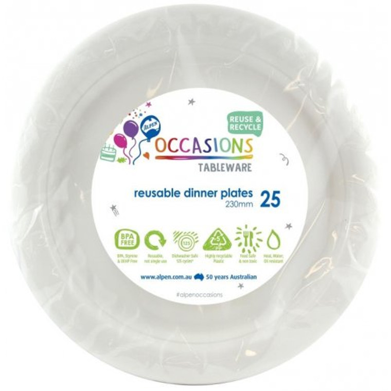 Reusable Plastic Dinner Plate White 230mm PK 25