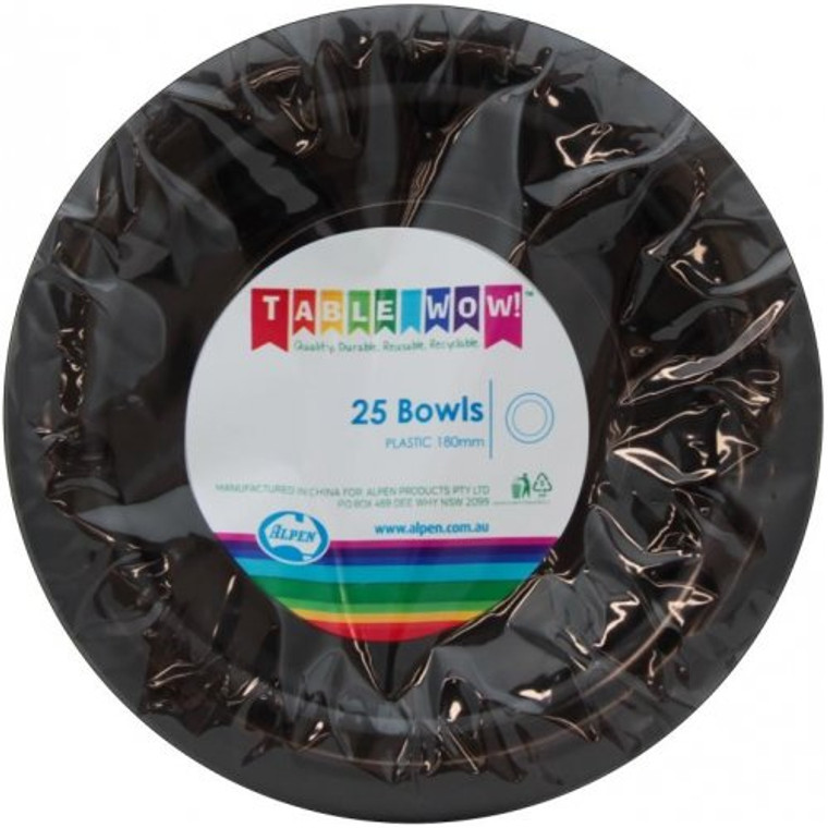 Reusable Plastic Black Bowl 180mm PK25