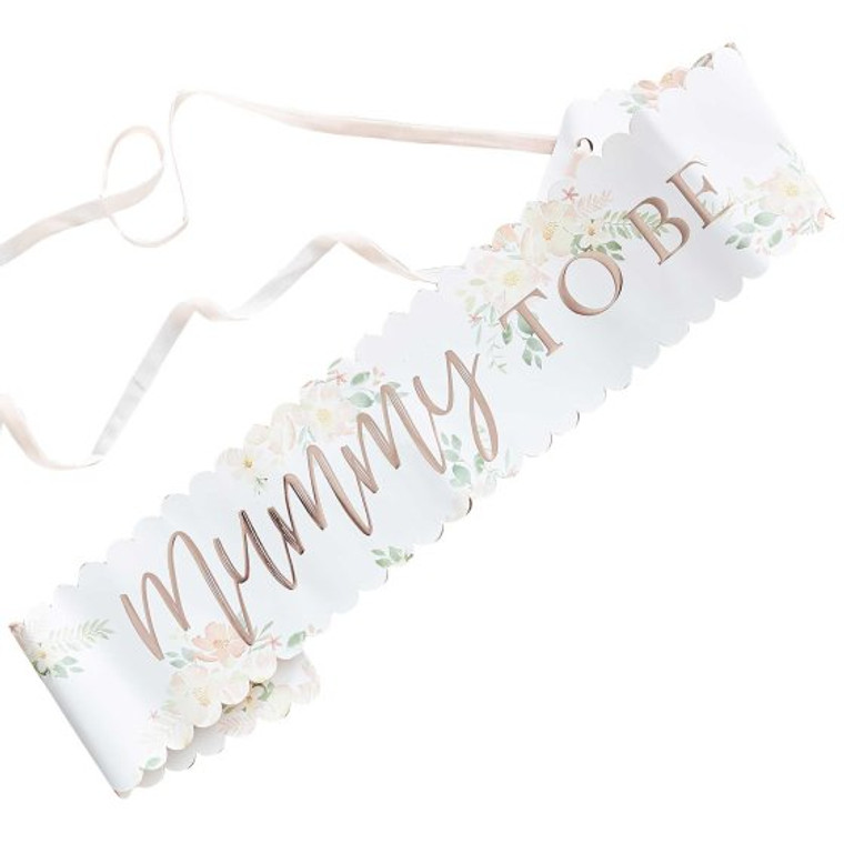 Baby in Bloom Floral Rose Gold Mummy To Be Baby Shower Sash 11cm (H) x 76cm (W)