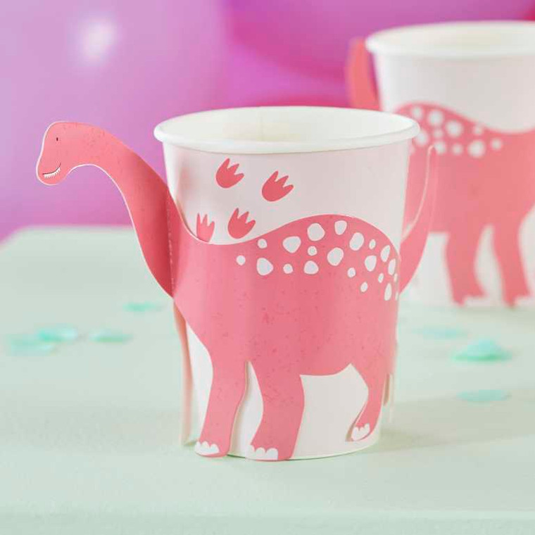 Dino Pink 9oz/266ml Paper Cups Pop Out Dinosaur