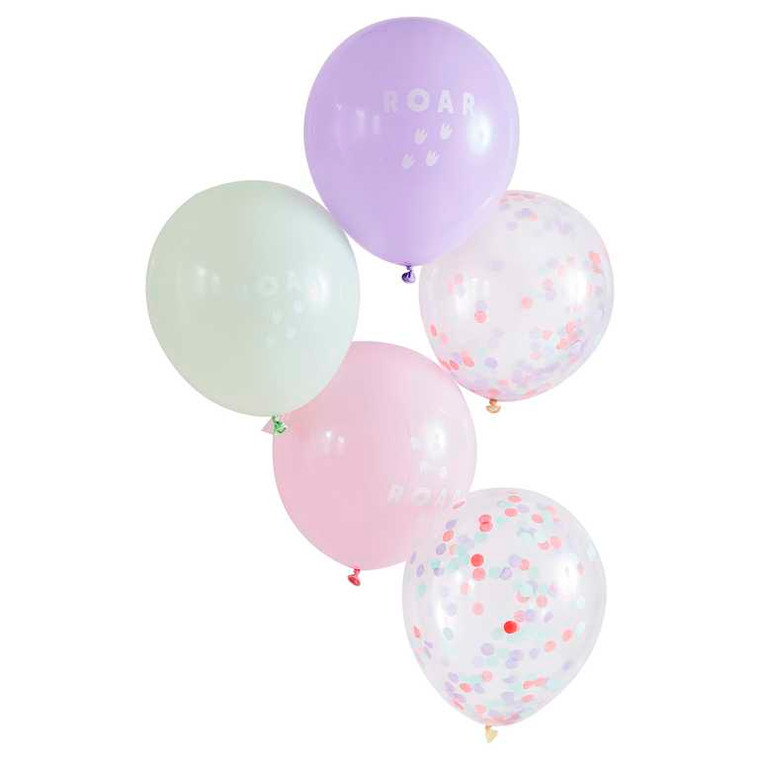 12" Dino Pink Balloon Bundle Roar & Confetti Pastel PK 5