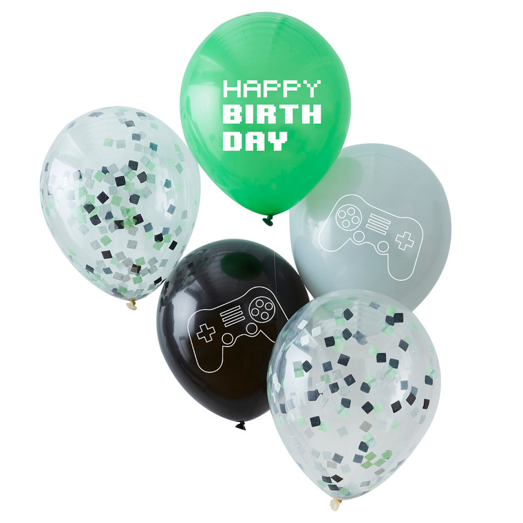 Game Controller Balloon Bundle & Confetti Grey, Green & Black 12"  PK5