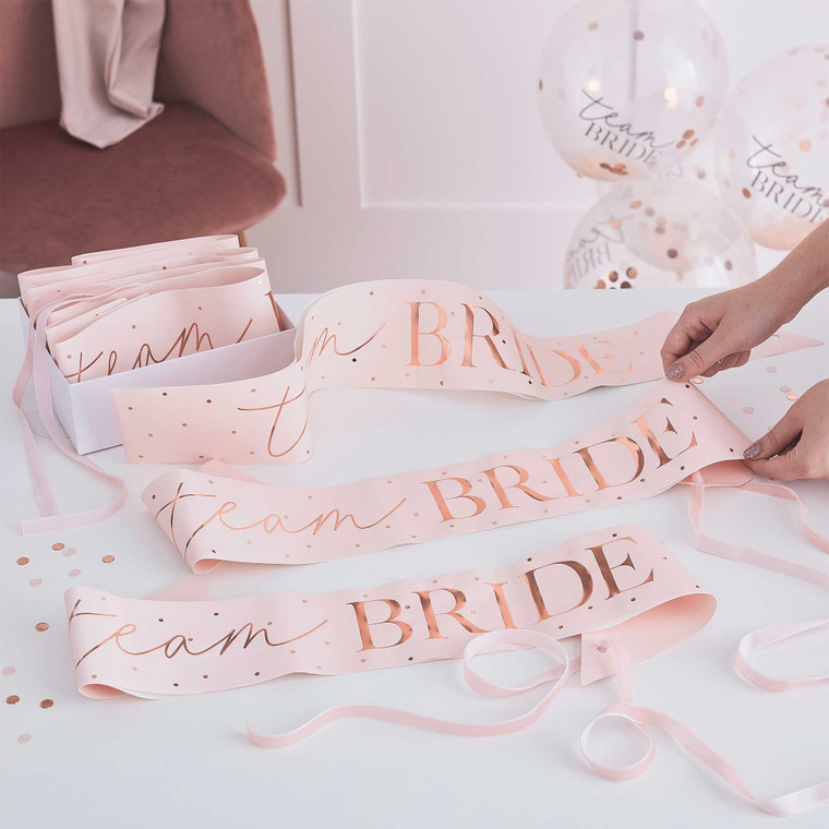 Pink and Rose Gold Team Bride Hen Party Sashes PK6 10cm (H) x 77cm (W)