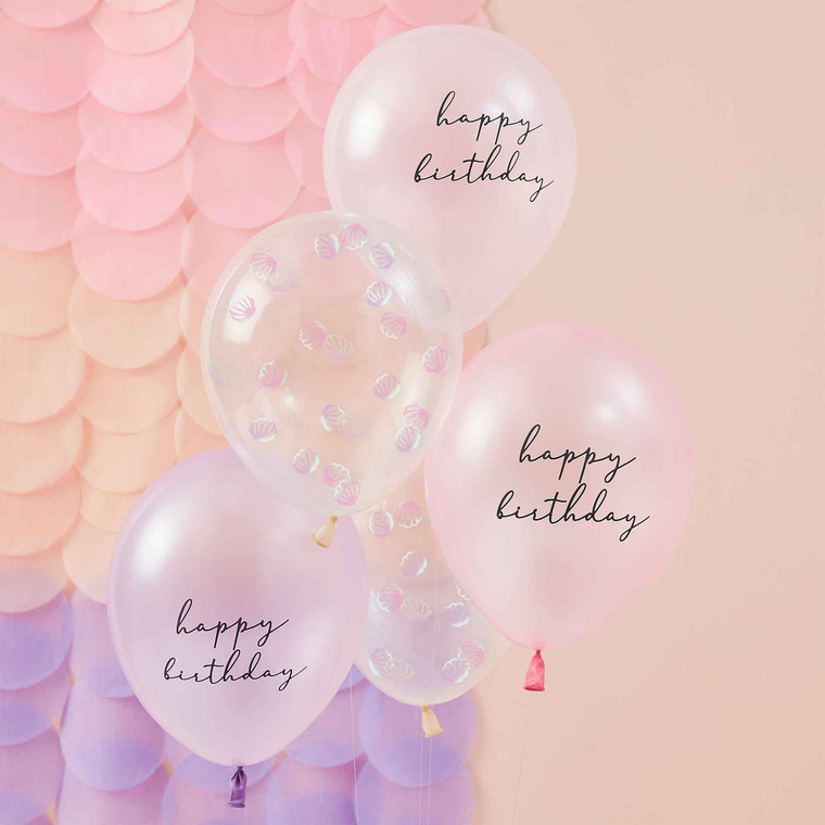 Mermaid Balloon Bundle Shell Confetti & Happy Birthday Printed Chrome Balloons