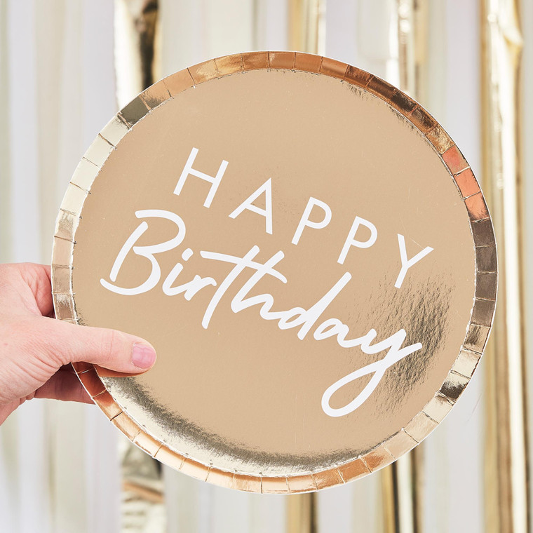 Gold Foiled Happy Birthday Plates PK8 24cm (H) x 24cm (W))