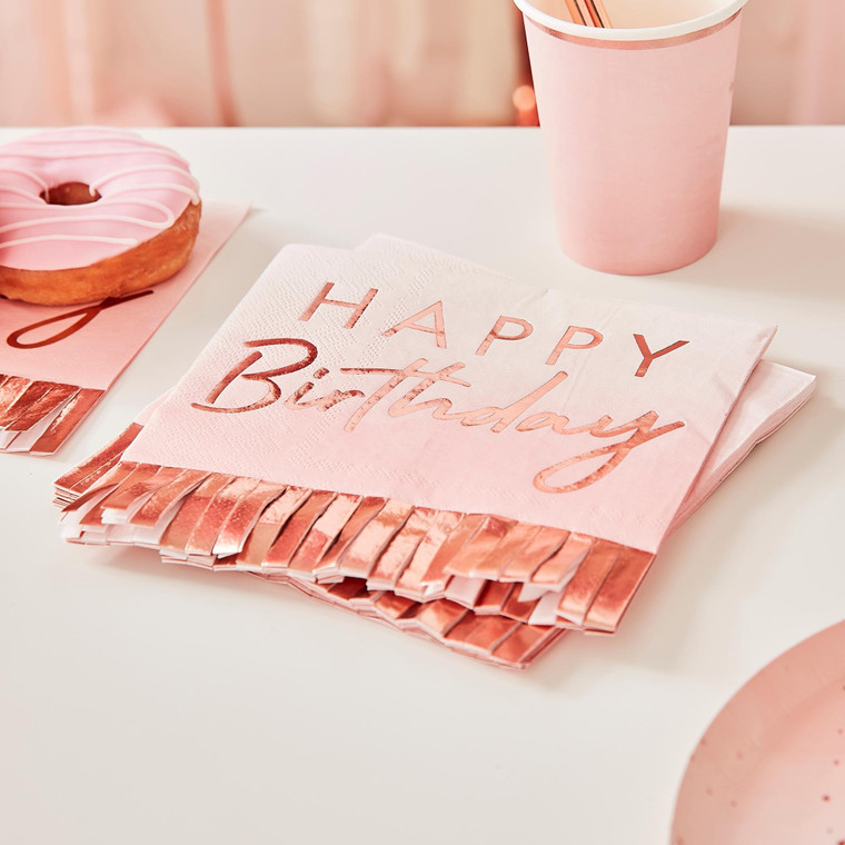 Rose Gold & Pink Ombre Frimge Paper Napkins PK16 18cm x 17cm