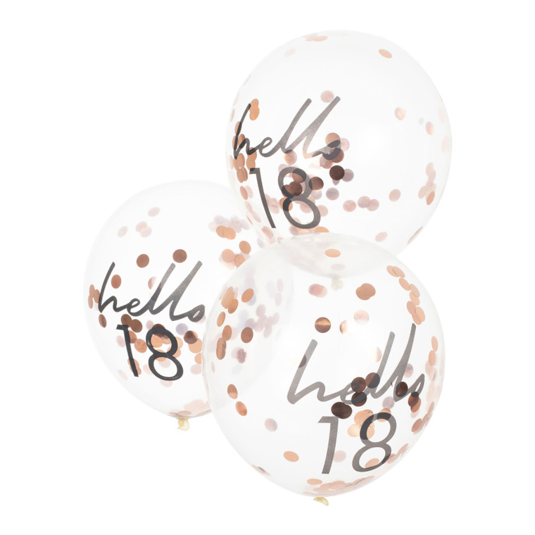 Rose Gold Confetti Filled 'Hello 18' 30cm Balloons PK5