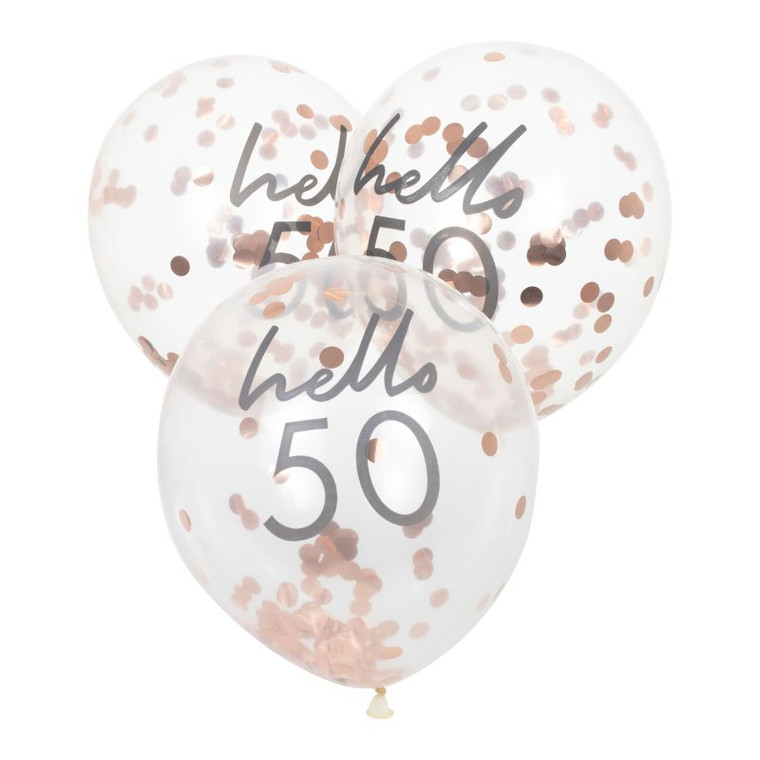 Rose Gold Confetti Filled 'Hello 50' 30cm Balloons PK5