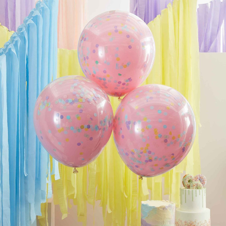 Double Layered Pink and Pastel Rainbow Confetti Balloons PK3