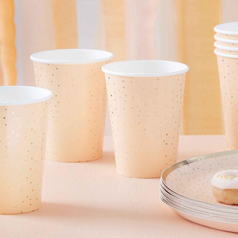 Mix It Up 9oz/266ml Paper Cups Peach & Gold Polka Dot Foiled PK8