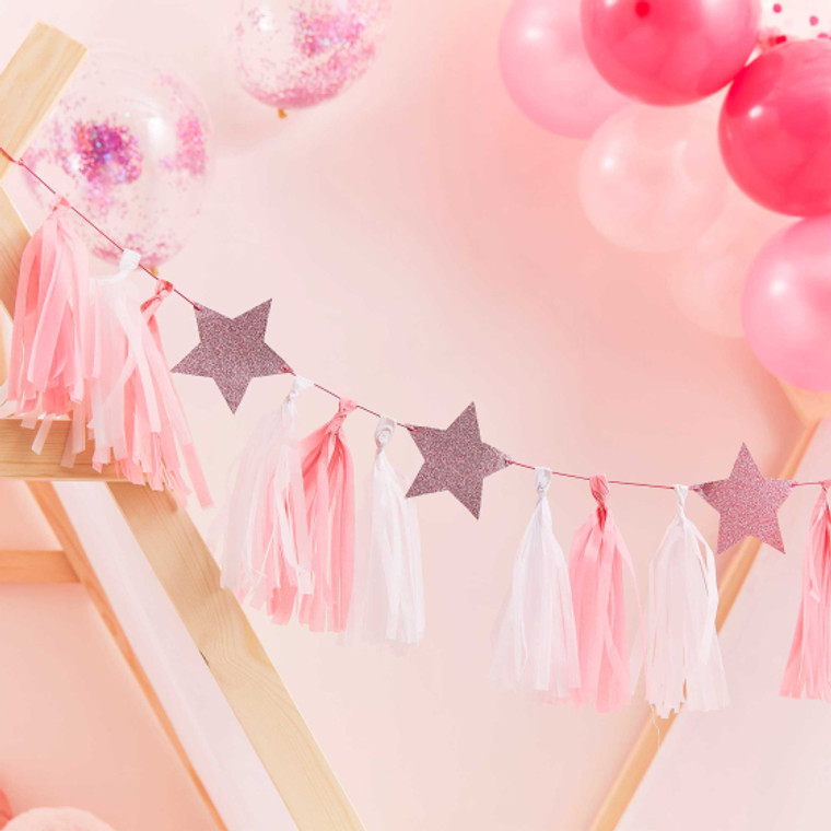 Pamper Party Pink Tassel Garland With Pink Glitter Stars 2m