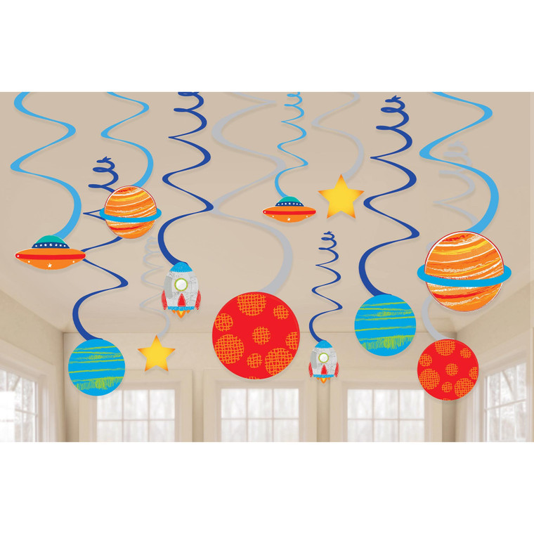 Blast Off Birthday Spiral Swirls Hanging Decorations PK12