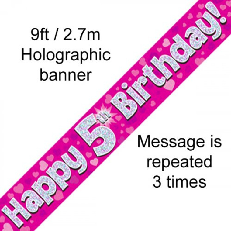 Banner 2.7M Pink Holographic Happy 5TH Birthday