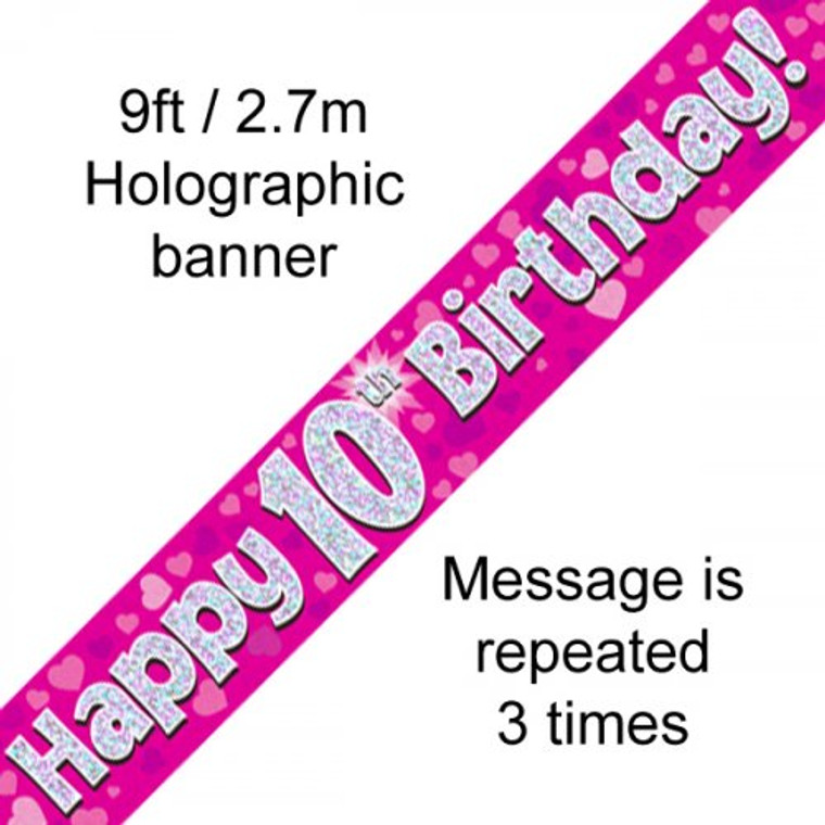 Banner 2.7M Pink Holographic Happy 10TH Birthday