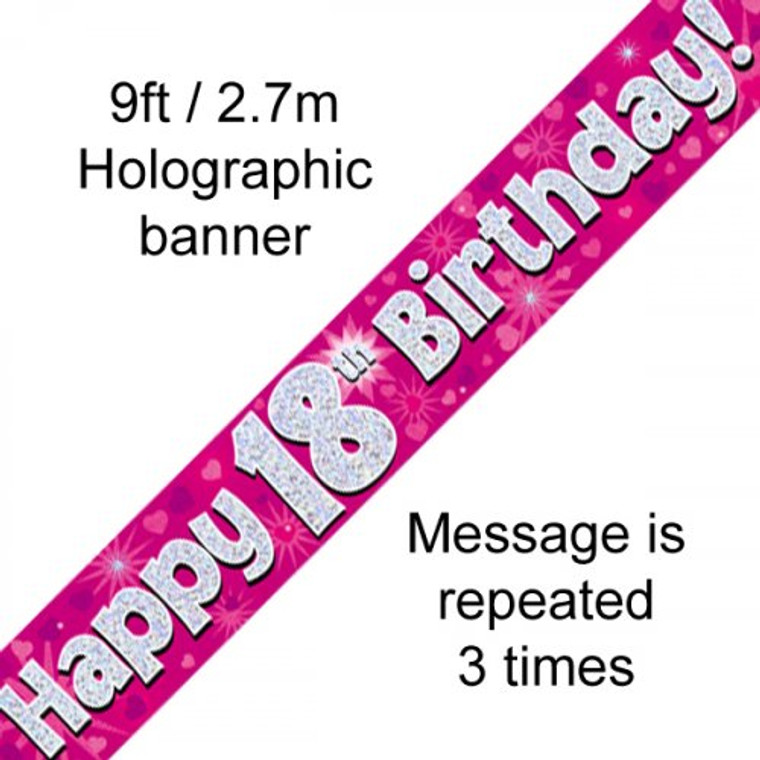 Banner 2.7M Pink Holographic Happy 18TH Birthday