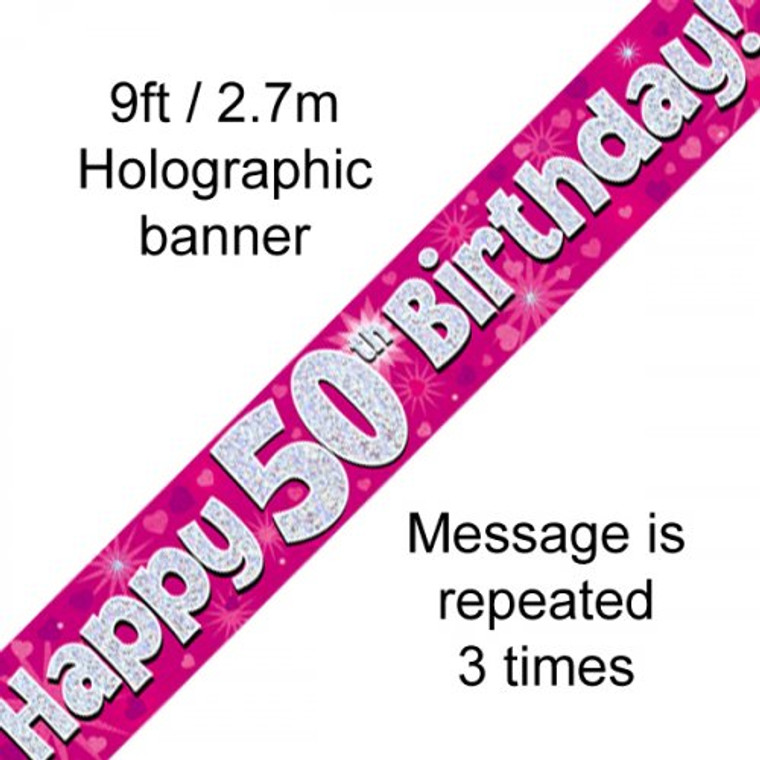 Banner 2.7M Pink Holographic Happy 50TH Birthday