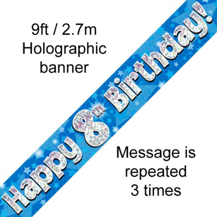 Banner 2.7M Blue Holographic Happy 8TH Birthday