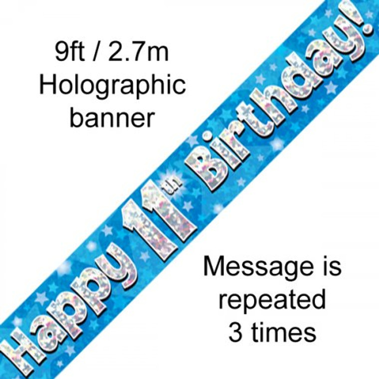 Banner 2.7M Blue Holographic Happy 11TH Birthday