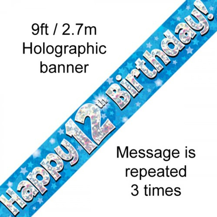 Banner 2.7M Blue Holographic Happy 12TH Birthday