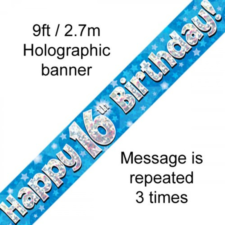 Banner 2.7M Blue Holographic Happy 16TH Birthday