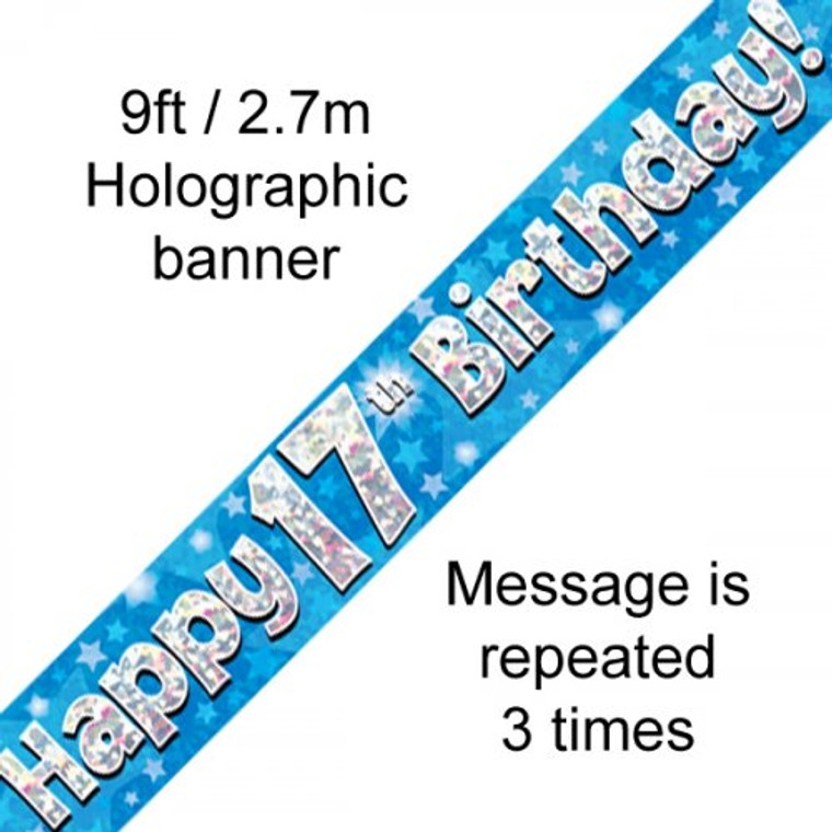 Banner 2.7M Blue Holographic Happy 17TH Birthday