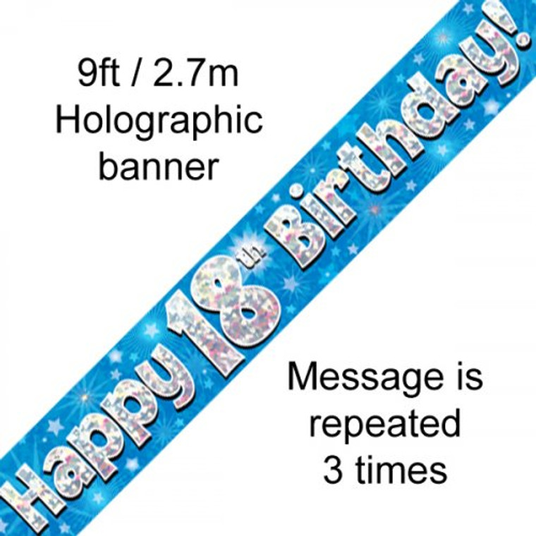 Banner 2.7M Blue Holographic Happy 18TH Birthday