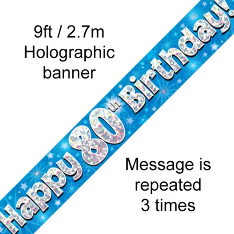 Banner 2.7M Blue Holographic Happy 80TH Birthday