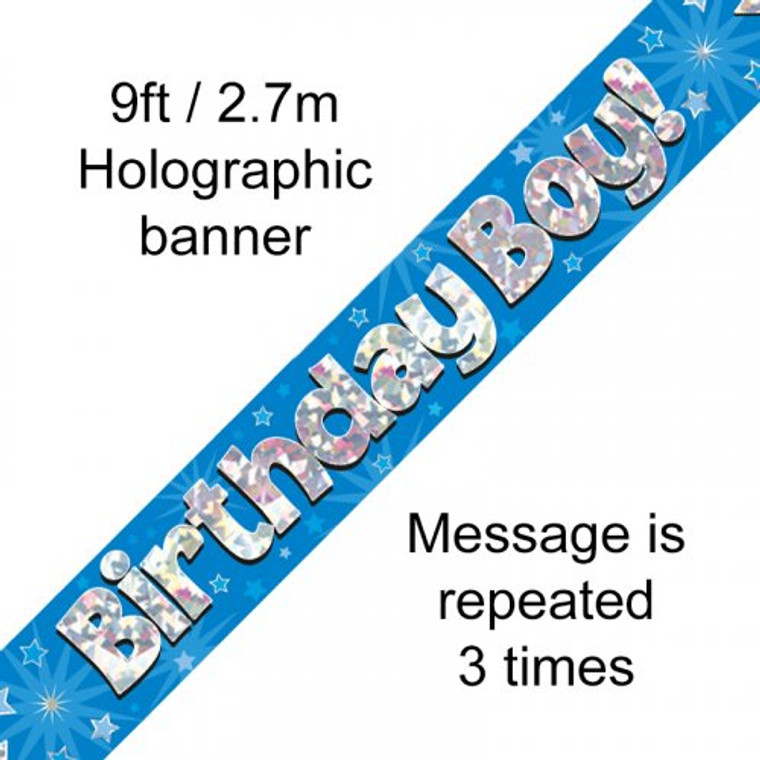 Banner 2.7M Blue Holographic Birthday Boy