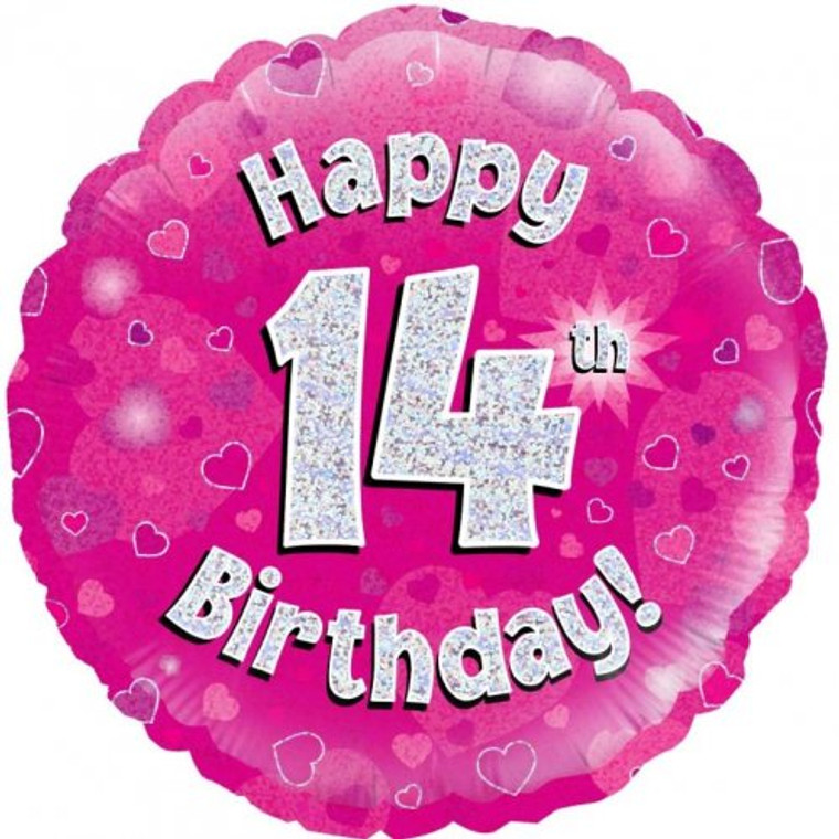 Foil Balloon 18" Pink Holographic  Happy Birthday 14TH