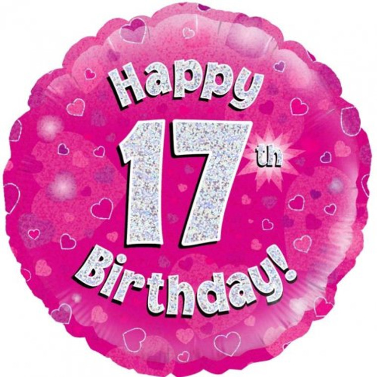 Foil Balloon 18" Pink Holographic  Happy Birthday 17TH