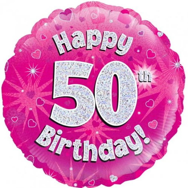 Foil Balloon 18" Pink Holographic  Happy Birthday 50TH