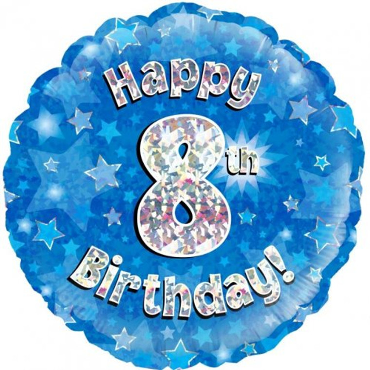 Foil Balloon 18" Blue Holographic Happy Birthday 8TH