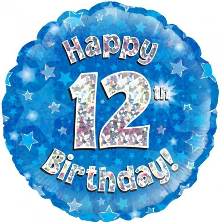 Foil Balloon 18" Blue Holographic Happy Birthday 12TH